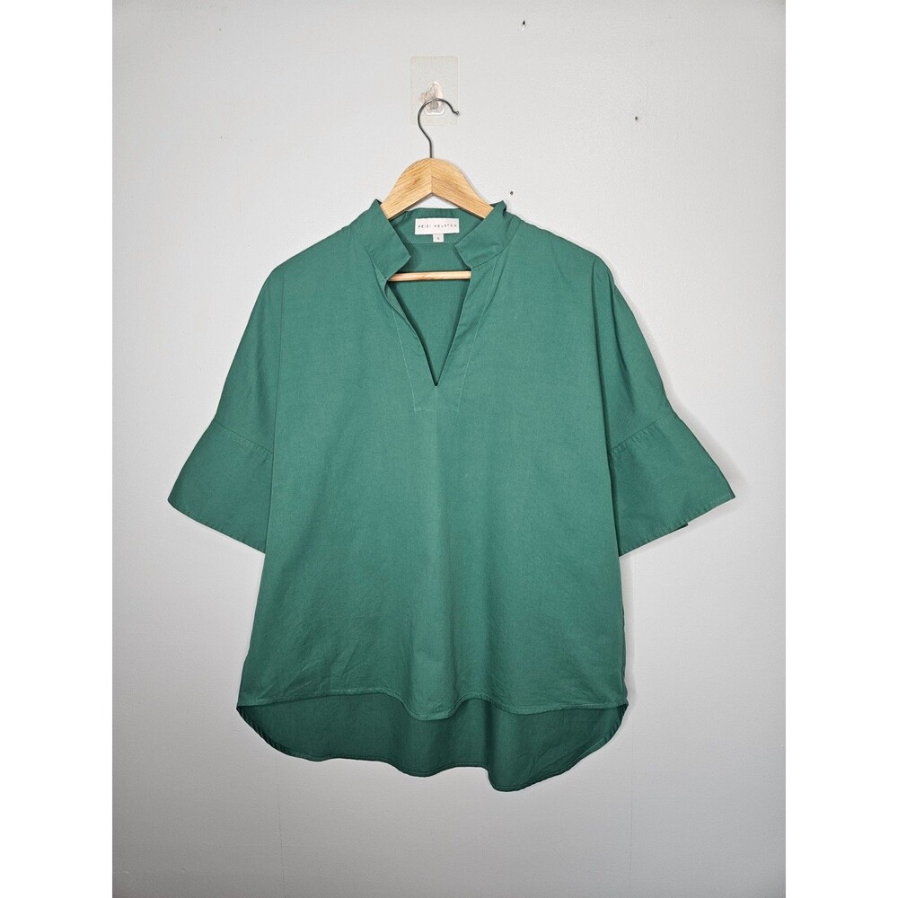 HEIDI HOUSTON Green Cotton Poplin Blouse Small Split Stand Up Collar Hi Low Hem